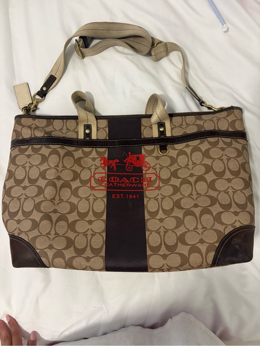 Coach Signature Canvas Tote in Tan, Dark Brown & Red Logo